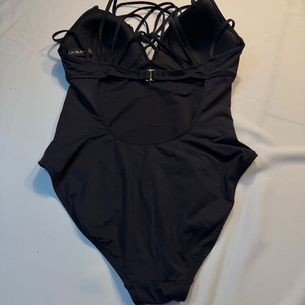 La Blanca Black Strappy Cage V-Neck One Piece Swimsuit Padded Open Back size 10